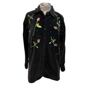 Vintage 90s Rose Rhinestones Velvet Shacket M Black Granny Whimsigoth Rockabilly